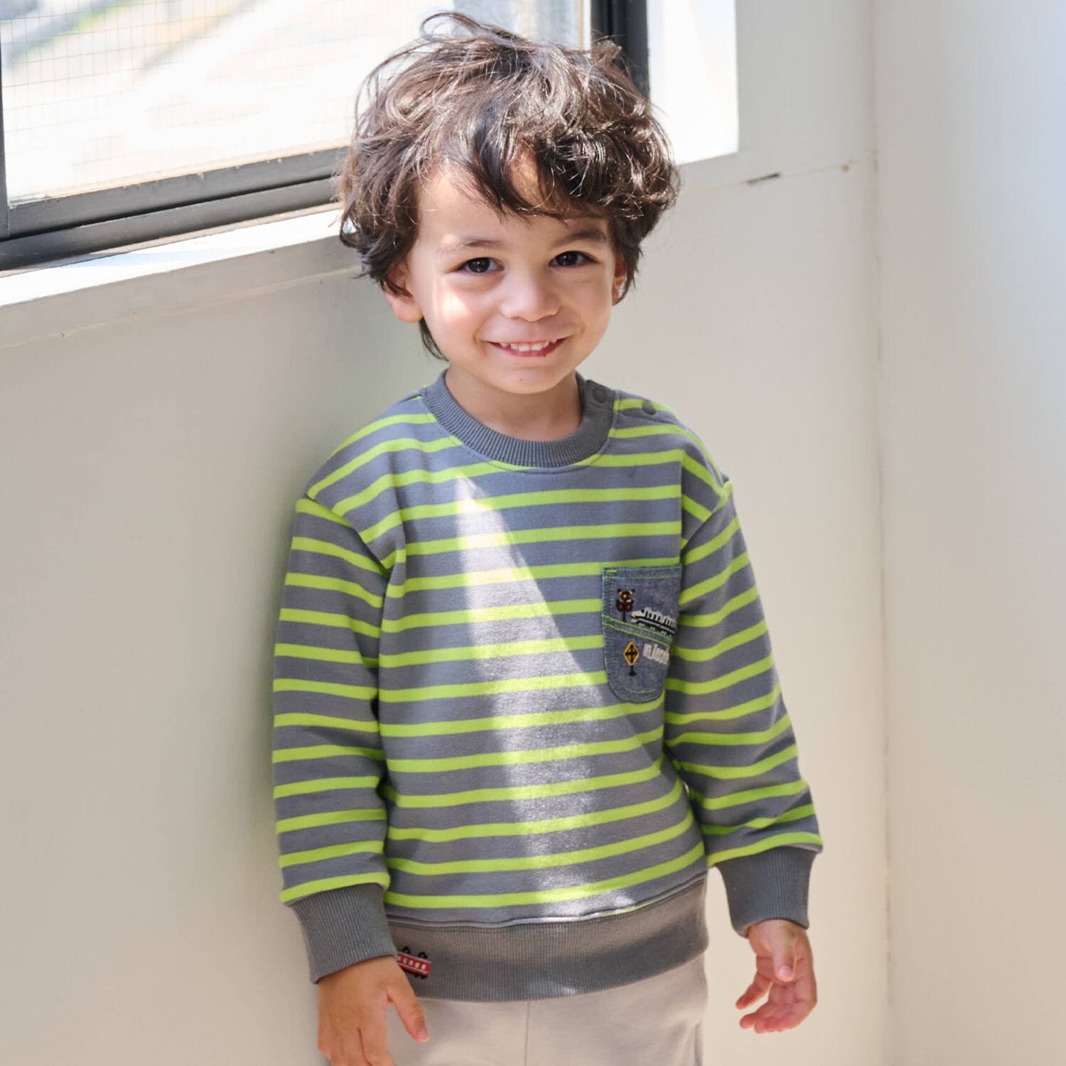 電車胸ポケットボーダートレーナー