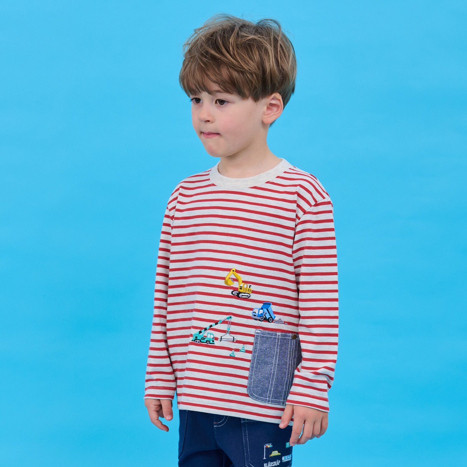 ポケットから働く車ボーダー長袖Tシャツ