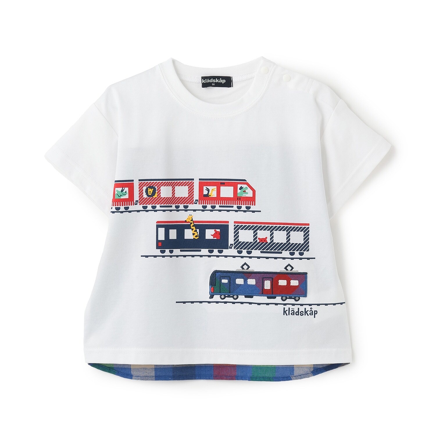 後ろ切替チェック電車アップリケ半袖Tシャツ