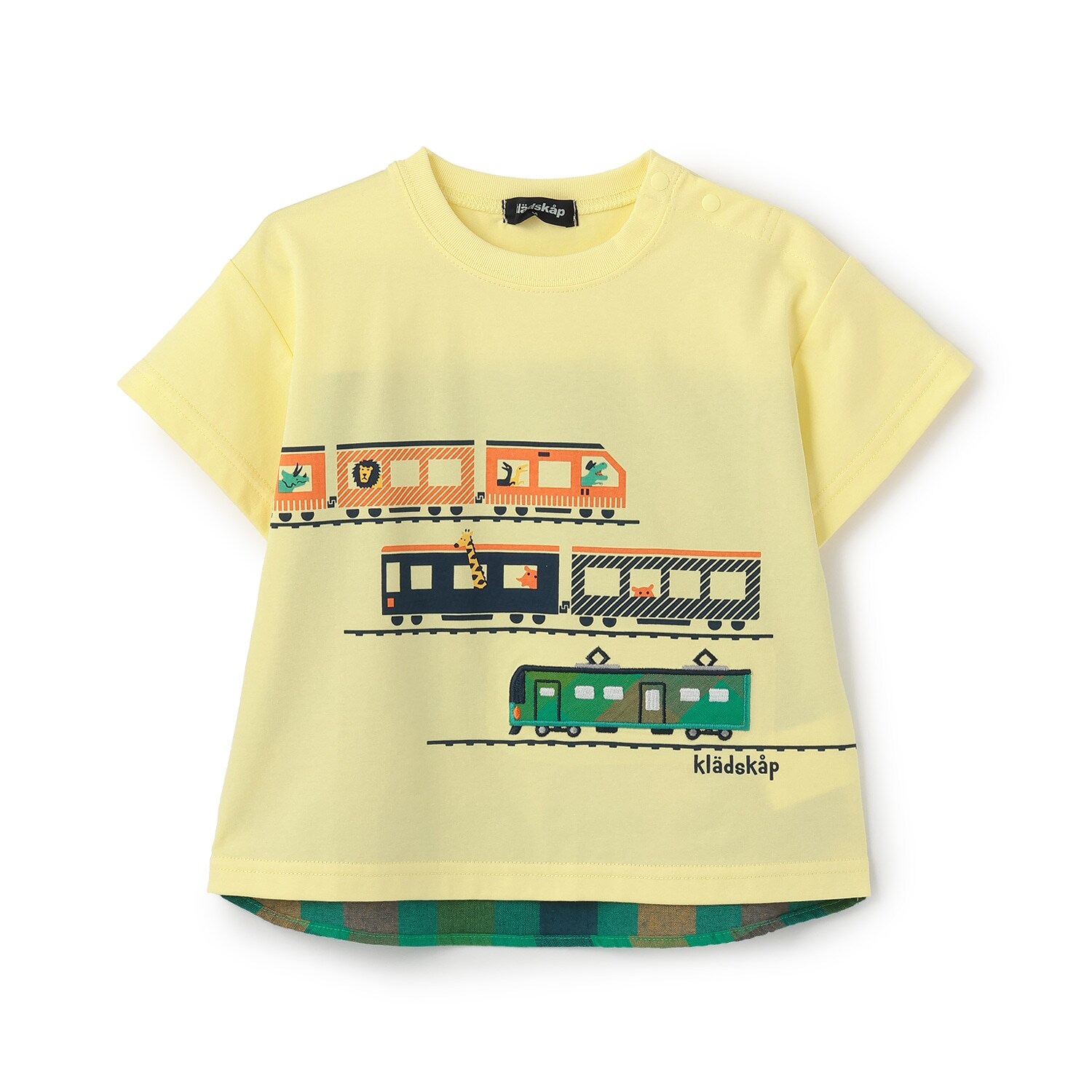 後ろ切替チェック電車アップリケ半袖Tシャツ