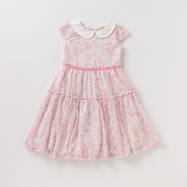 シアーギンガム×花柄ティアードワンピース