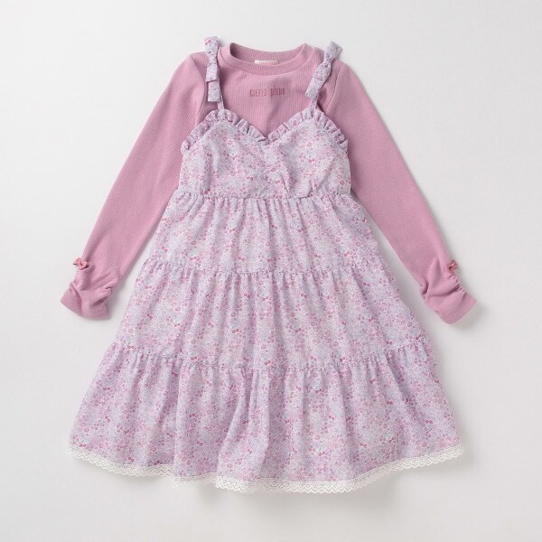 小花柄ティアードワンピース×テレコTシャツセット