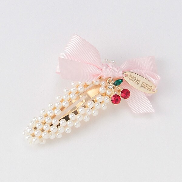 リボンチェリーパール調ビーズヘアクリップ