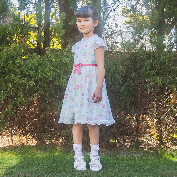 チューリップ柄ウエストリボンワンピース