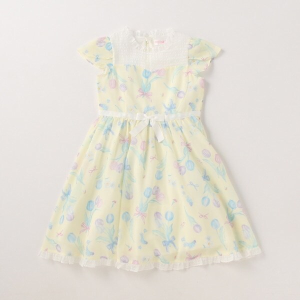 チューリップ柄ウエストリボンワンピース