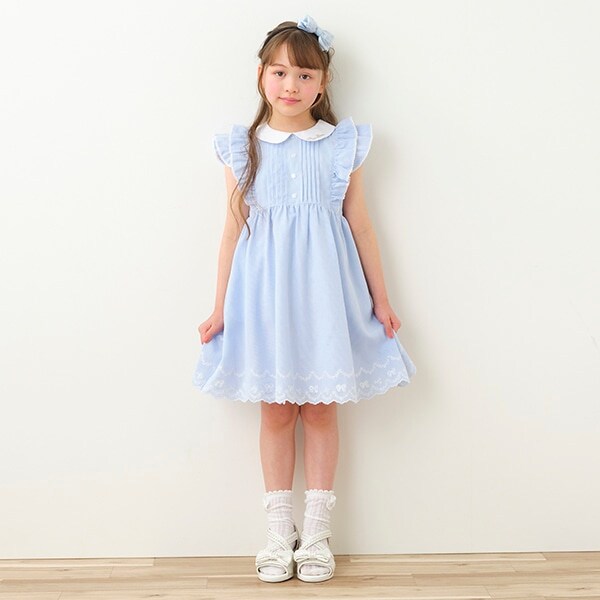 衿つき肩フリルストライプワンピース