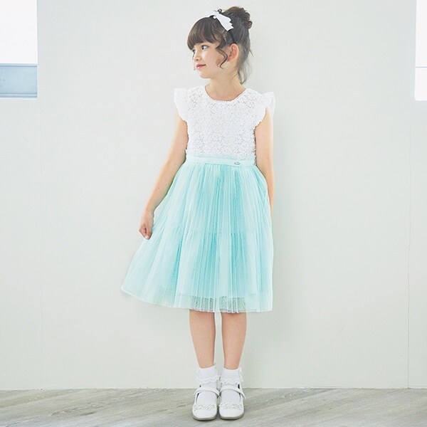 レース×プリーツ　ドッキングワンピース