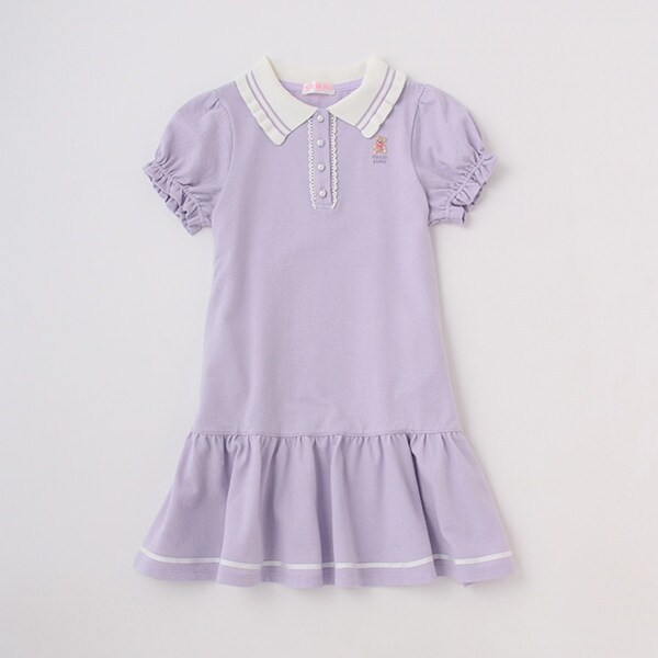 クマ刺しゅう　ポロ衿パフスリーブ　ワンピース