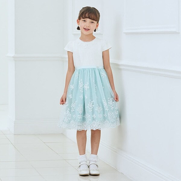 ツィード×チュールレース刺しゅうドッキングワンピース