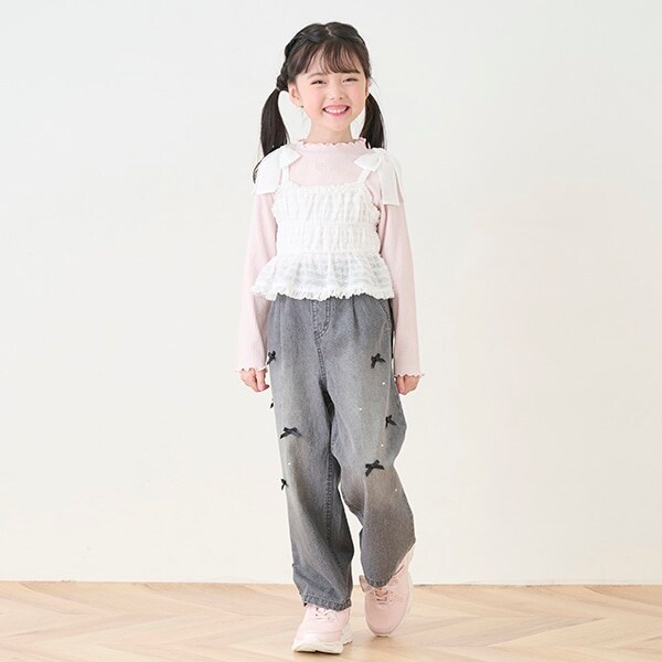 リボン　デニムワイドパンツ