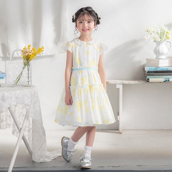 水彩ミモザ柄　衿付ワンピース