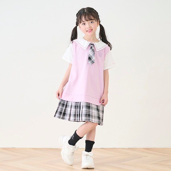 セーラーカラー　チェックプリーツ　ドッキングワンピース