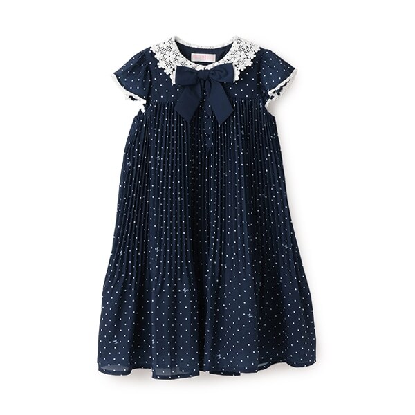 レース衿　ドットプリーツワンピース