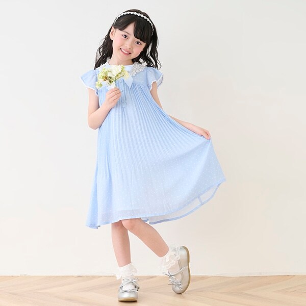 レース衿　ドットプリーツワンピース