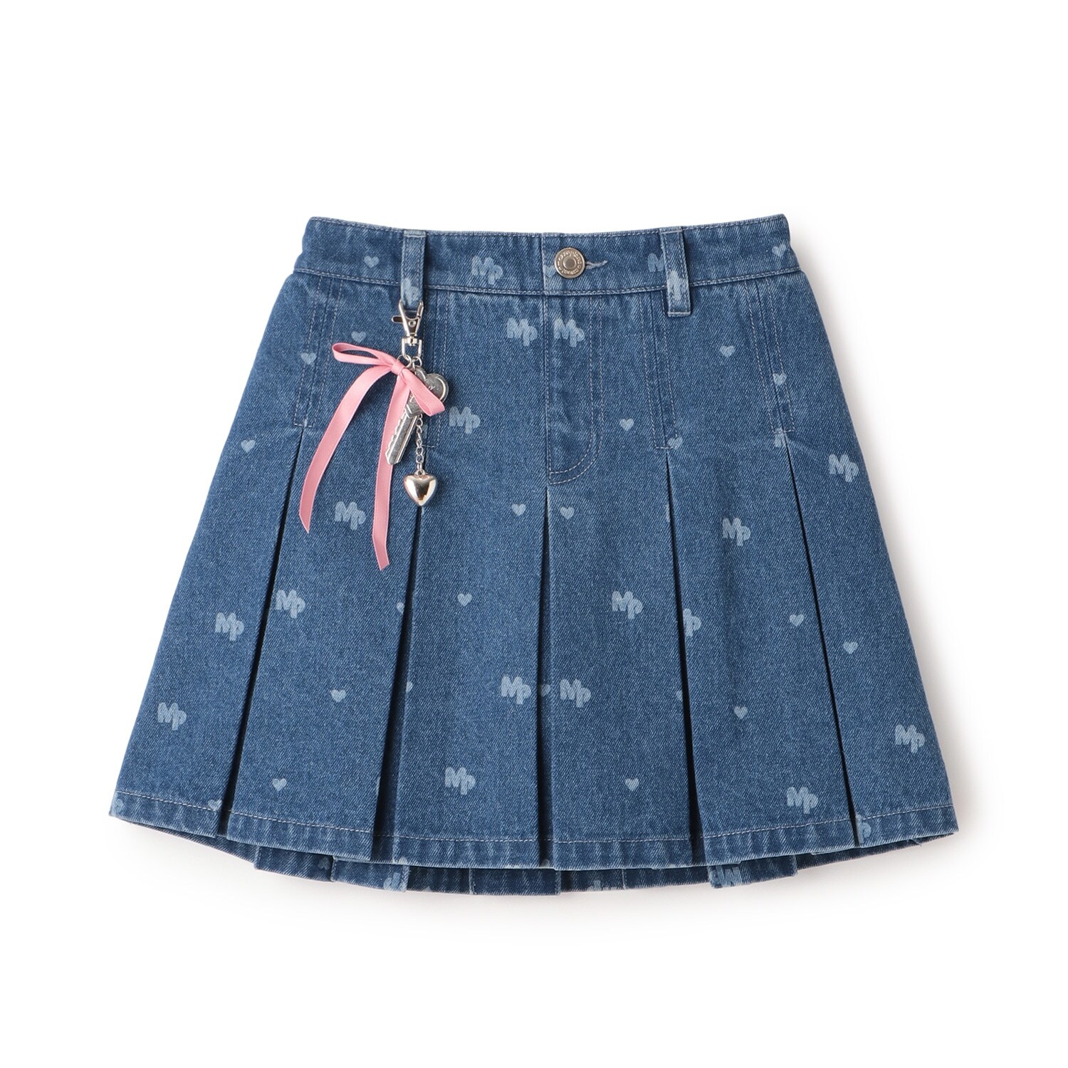 チャームつき　抜染総柄プリント　デニムスカパン