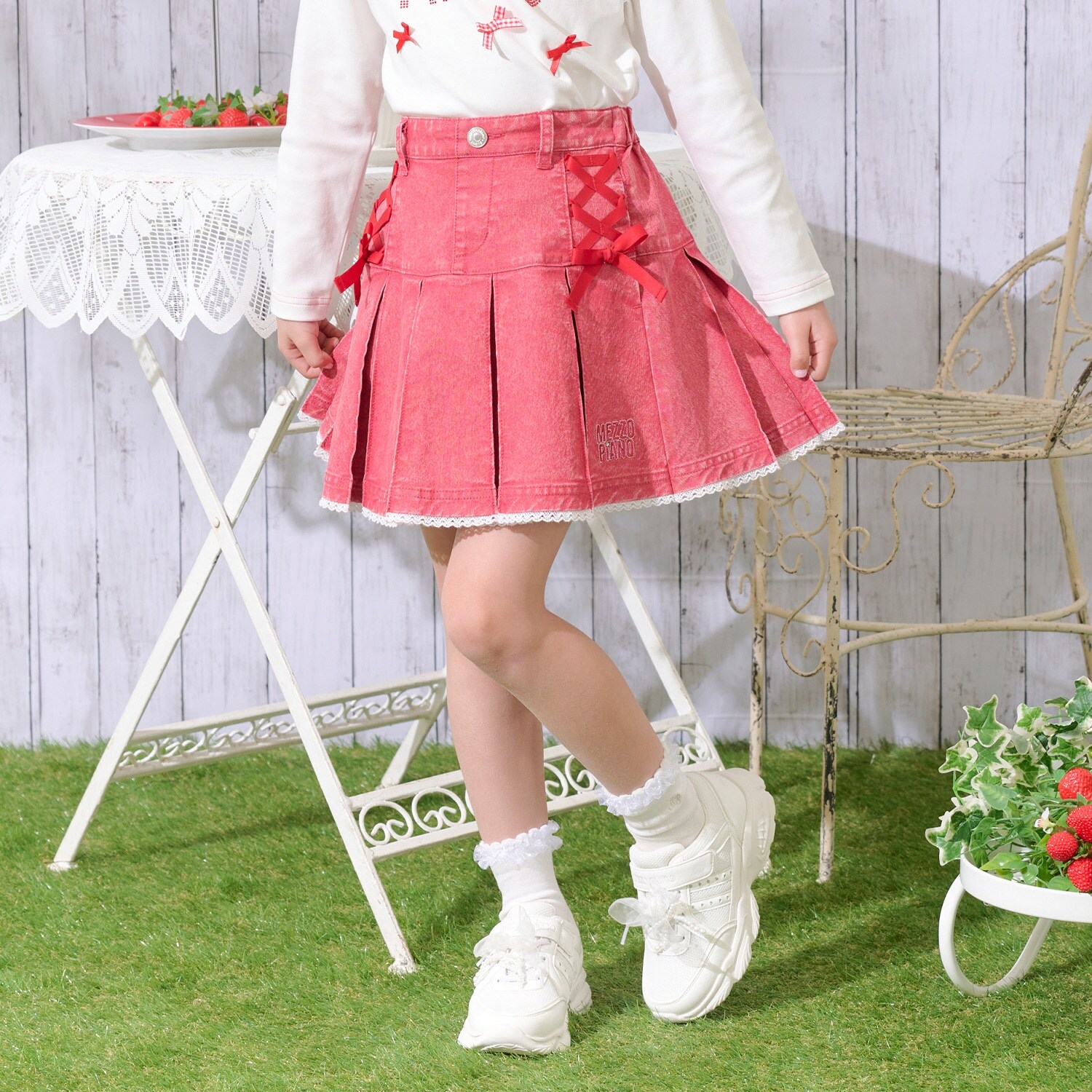 レースアップリボン　タックプリーツスカート