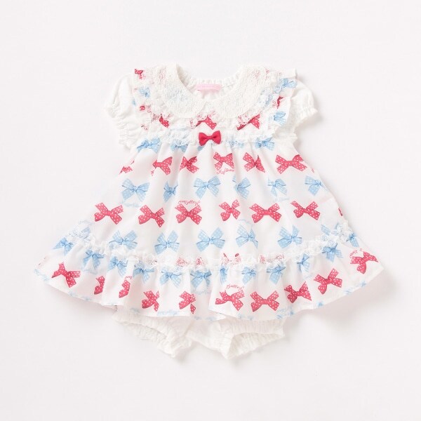 衿レースTシャツ×リボンボーダーエプロン×パンツ3点セット