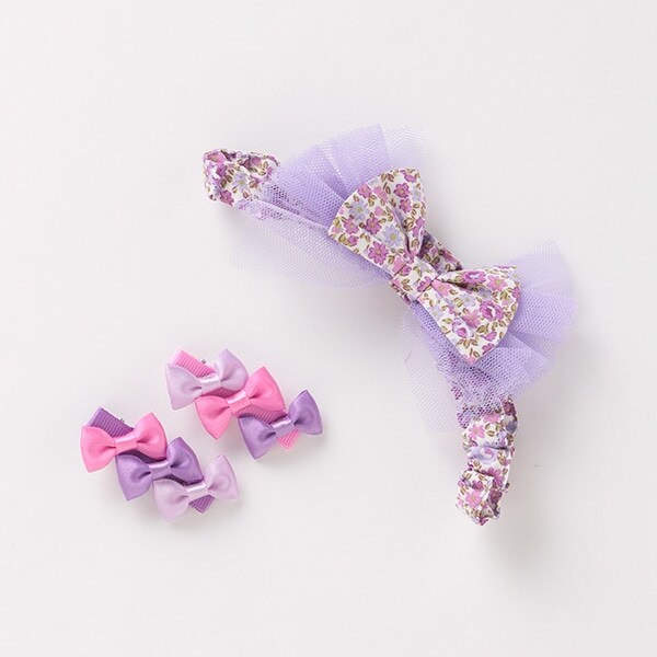 チュールフラワー柄ヘアバンド×リボンヘアクリップセット