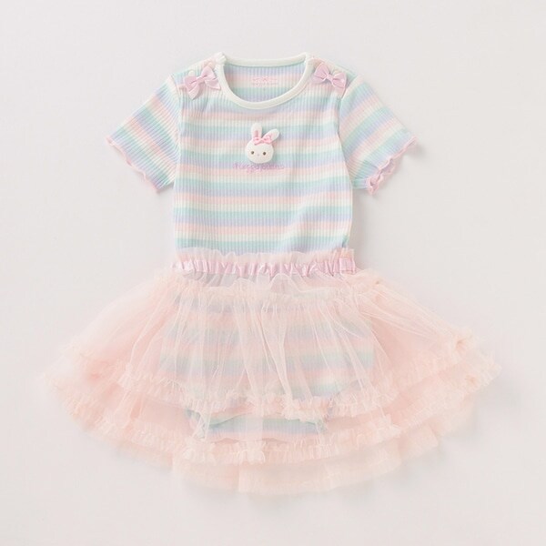 ウサギつきマルチボーダーロンパース×チュールスカートセット