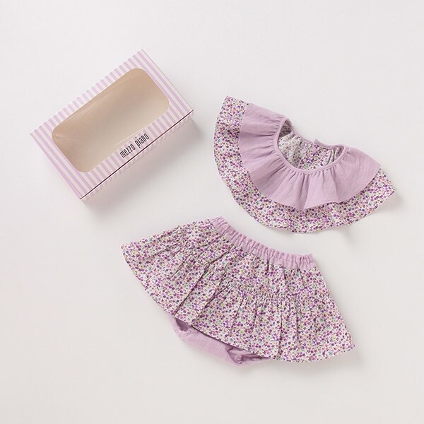 オリジナルギフトボックスつきリボン花柄サークルスタイ×フリルカバーパンツセット