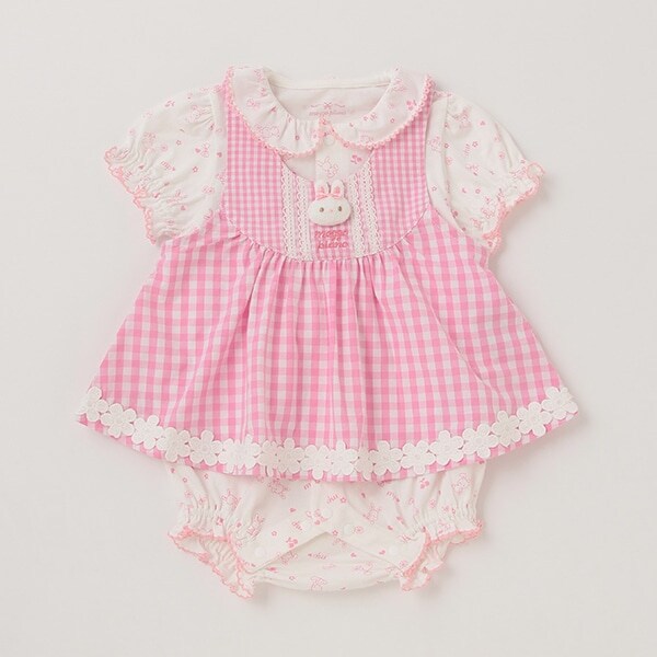 ウサギマスコットつきギンガムエプロン　ロンパース