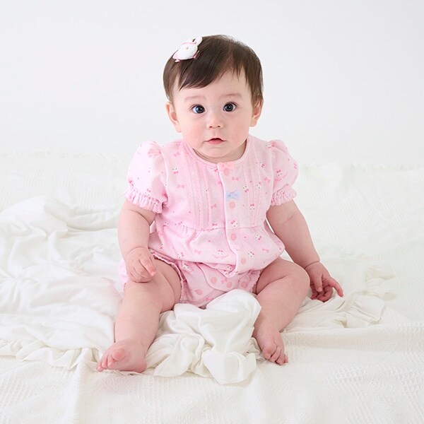 ウサギリボン柄　半袖ロンパース