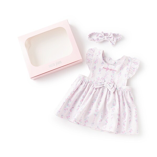 【BOX付】ストライプ花柄エプロン＆ヘアバンドセット