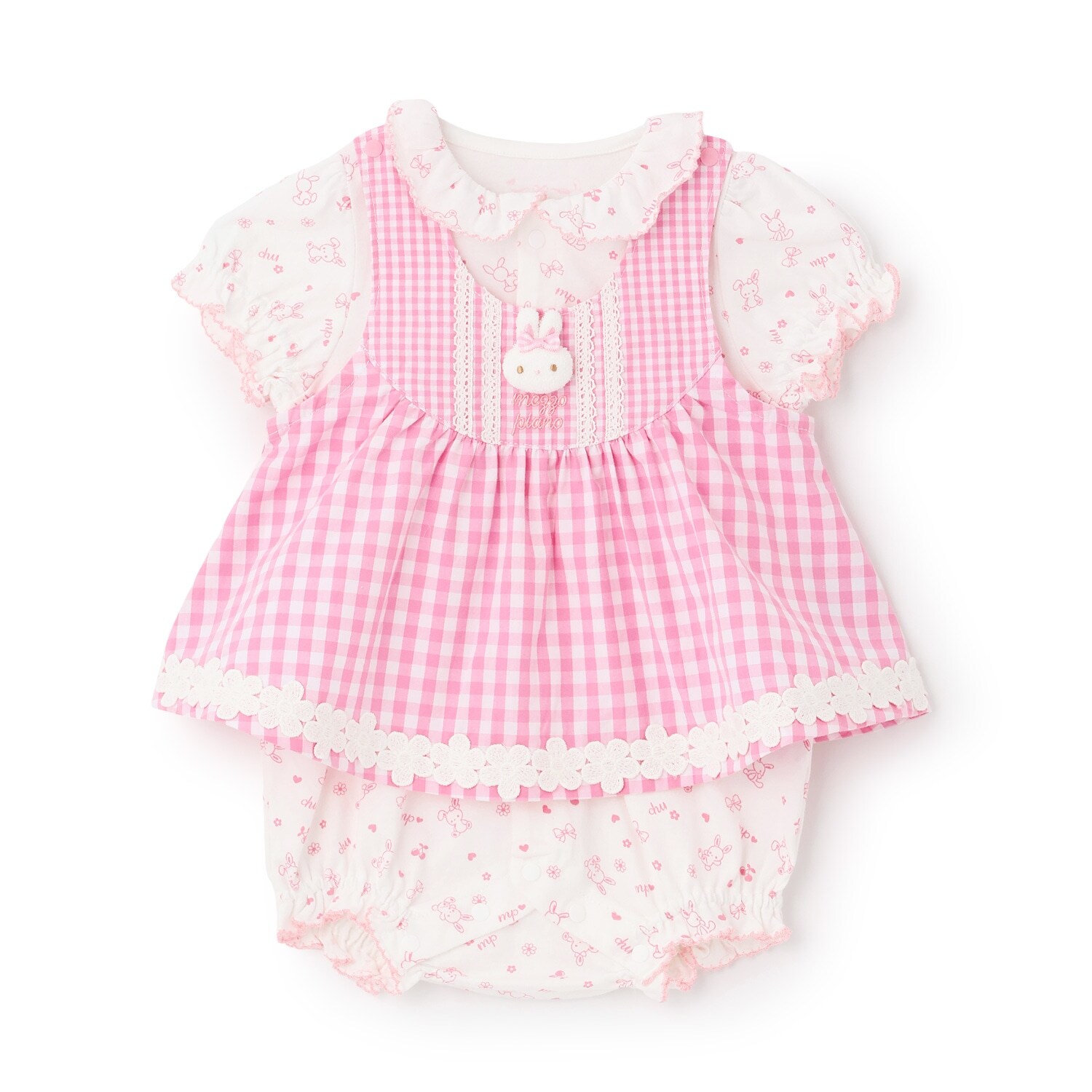 ウサギマスコットつきギンガムエプロン　ロンパース