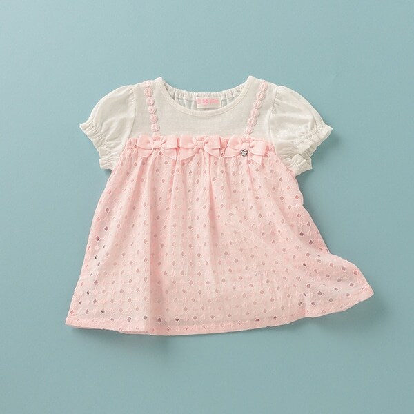 リボンつきダイヤ柄レース切り替えTシャツ