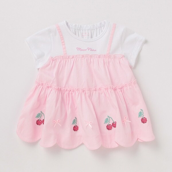 裾スカラップチェリー刺しゅうドッキングTシャツ