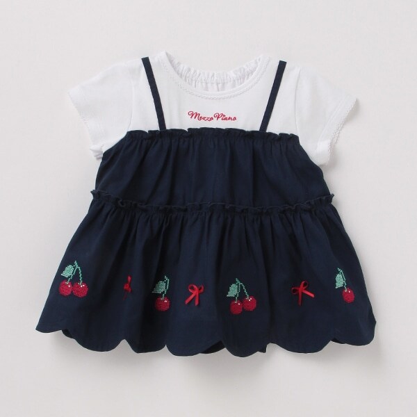 裾スカラップチェリー刺しゅうドッキングTシャツ