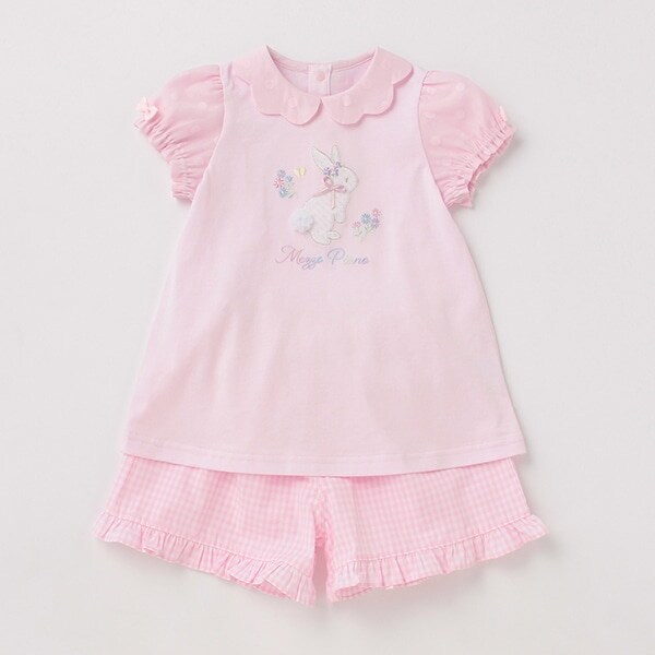 ウサギスカラップ衿Tシャツ×ギンガムショートパンツセット