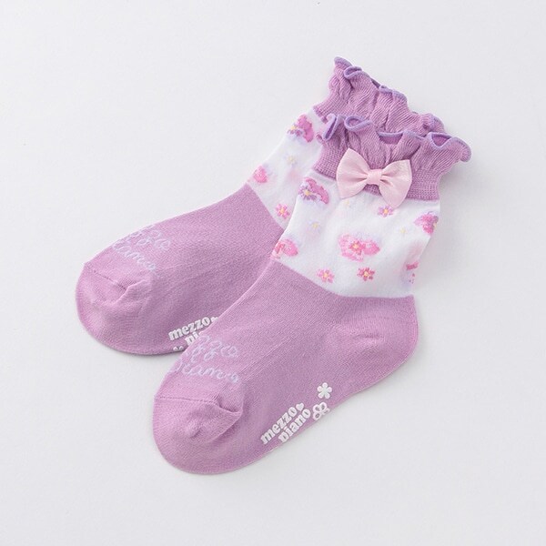 【ベビーサイズ】 パンジー柄切り替えシースルークルーソックス