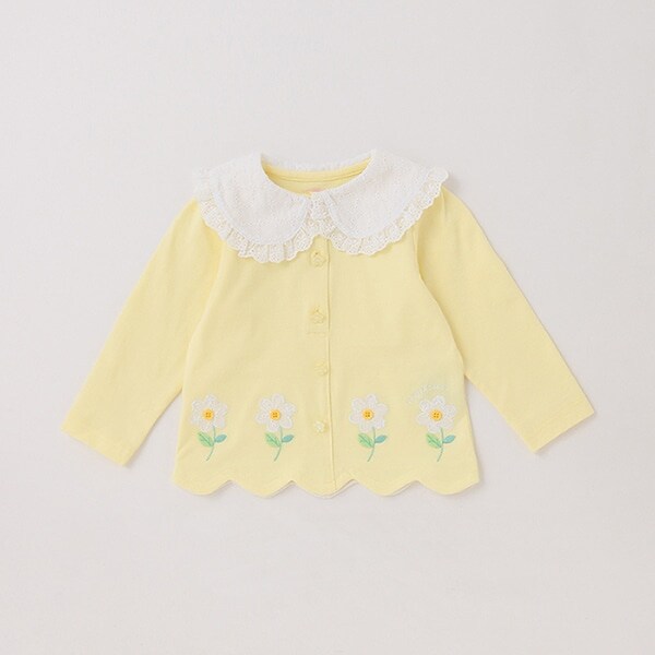 衿つきお花刺しゅう　裾スカラップ長袖Tシャツ