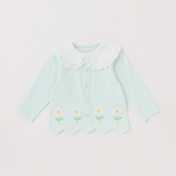 衿つきお花刺しゅう　裾スカラップ長袖Tシャツ