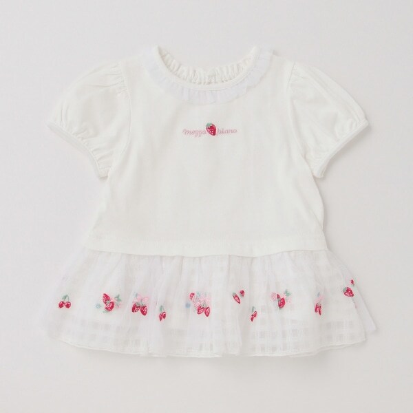 イチゴ刺しゅう裾フリル　半袖チュニック
