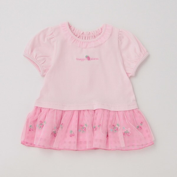 イチゴ刺しゅう裾フリル　半袖チュニック