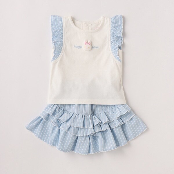 ウサギマスコットつきフリルTシャツ＆フリルキュロットスカートセット