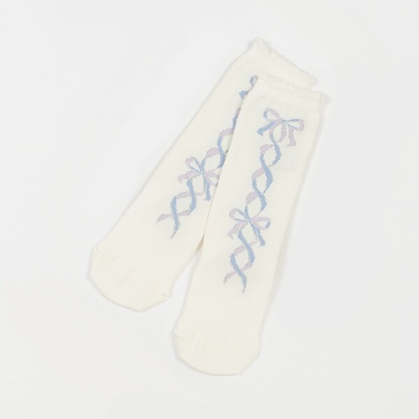 バレエレースアップリボン柄　ハイソックス【日本製】