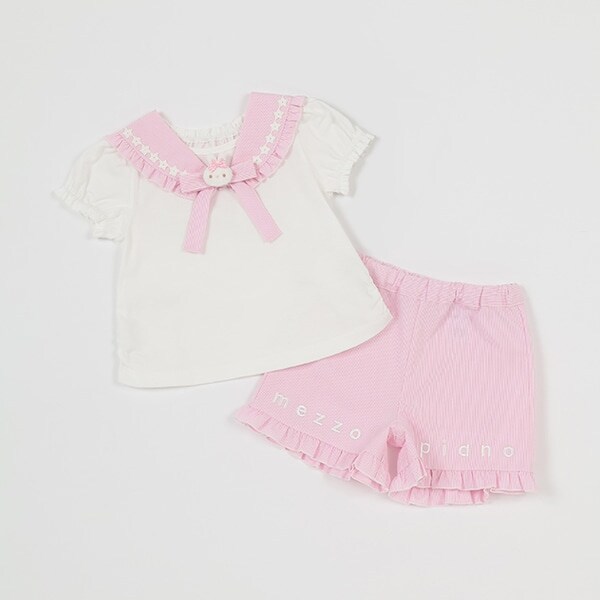 ウサギマスコットつきセーラー衿Tシャツ＆ショートパンツセット