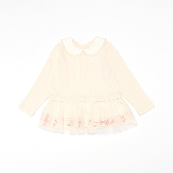 音符刺繍チュール裾フリル　長袖Tシャツ
