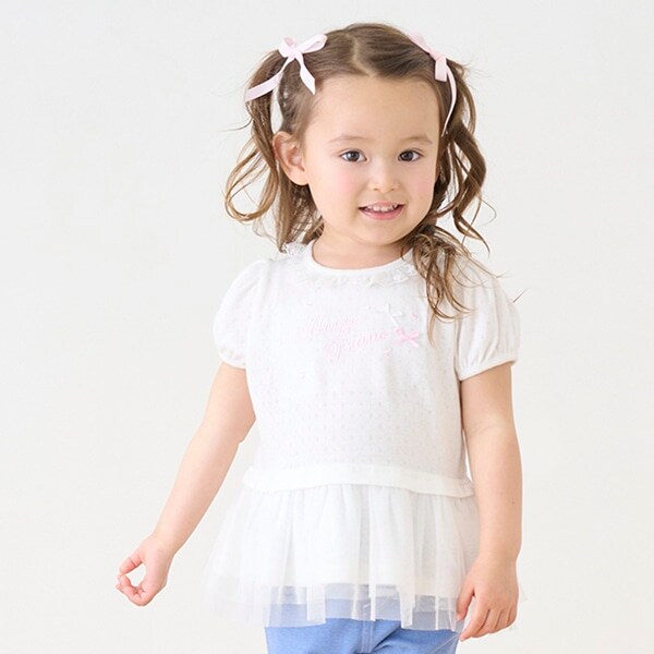 ロゴリボン　裾フリル　半袖チュニック