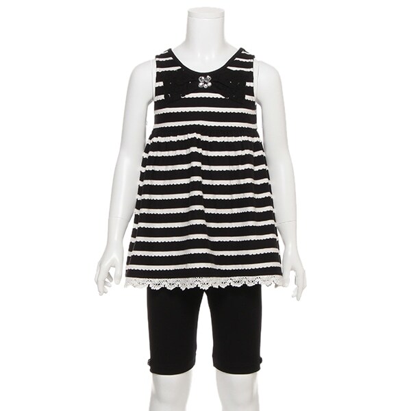 リボンレースつきスカラップボーダーチュニック×レギンスセット