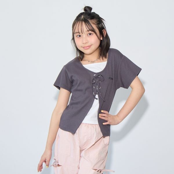 テレコレースアップ半袖トップス