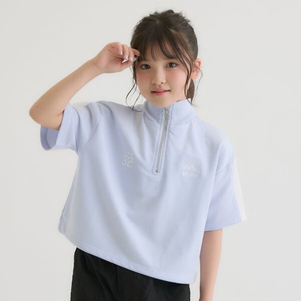 袖メッシュハーフジップ半袖Tシャツ