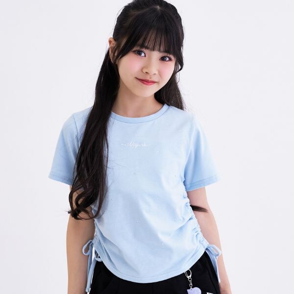 【接触冷感】ラインストーン脇ドロストTシャツ