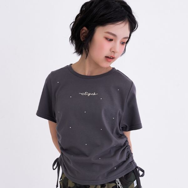 【接触冷感】ラインストーン脇ドロストTシャツ