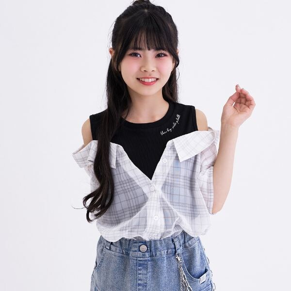 肩あきシアーチェックドッキングシャツ