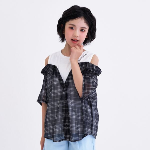 肩あきシアーチェックドッキングシャツ