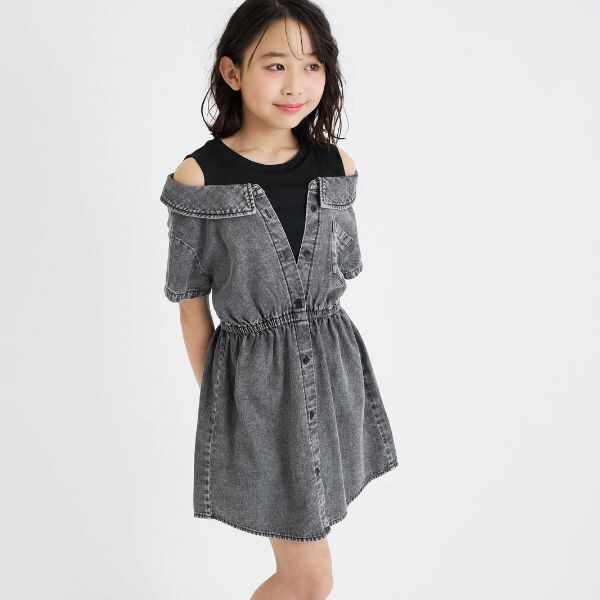 肩あきドッキングシャツワンピース